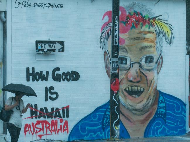 A mural of Prime Minister Scott Morrison in Austin Ln lasted just hours before building owners painted over it. Picture: GLENN CAMPBELL