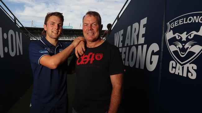 Geelong’s Tom Atkins and his father Mick. Picture: Alex Coppel 