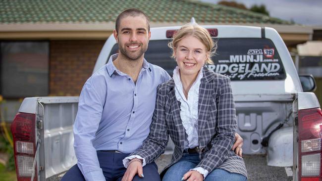 Dylan Schmidt and Charlotte Simmons the day before their wedding in Adelaide. Picture: Ben Clark