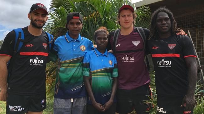 Adam Saad (left) with new teammates Andrew McGrath and Anthony McDonald-Tipungwuti at Essendon’s training camp in Darwin. Picture: Supplied