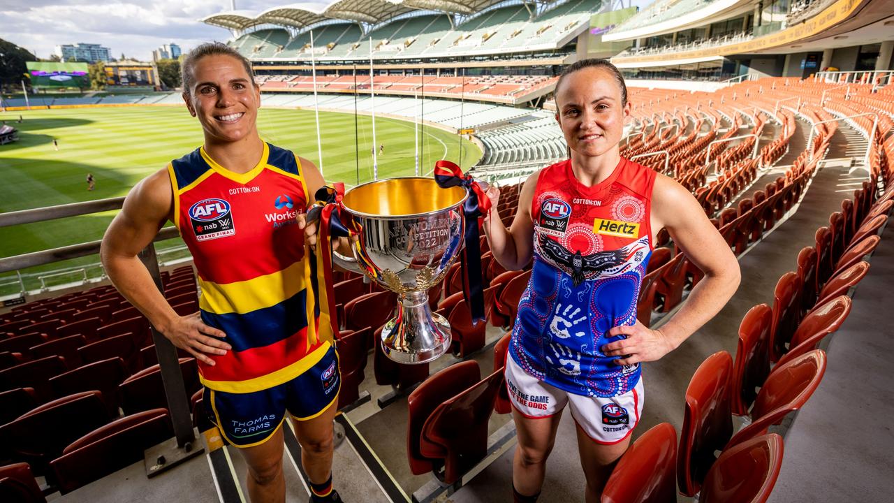 Chelsea Randall of the Crows and Daisy Pearce of the Demons ahead of the 2022 AFLW Grand Final. Picture: James Elsby