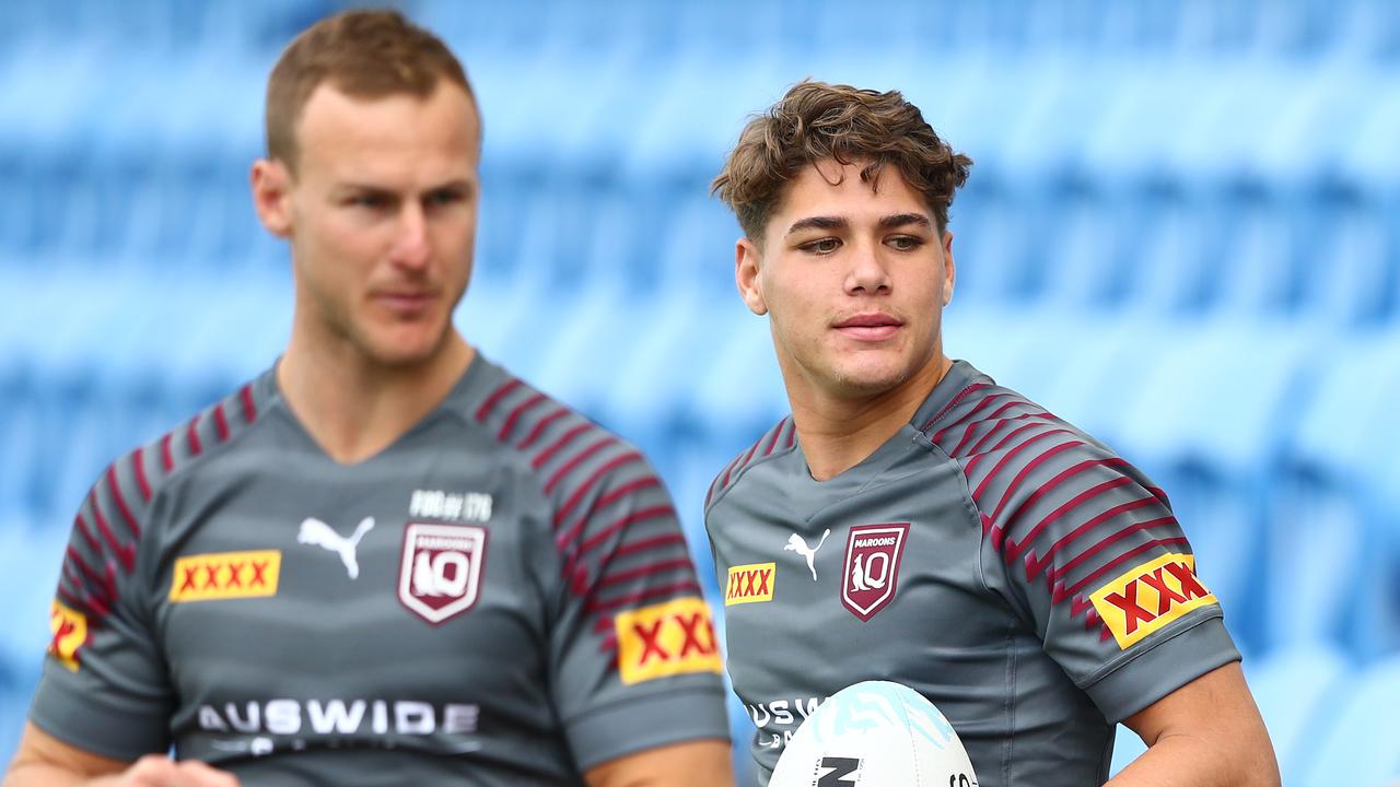 GOLD COAST, AUSTRALIA - JUNE 22: Reece Walsh and Daly Cherry-Evans during a Queensland Maroons State of Origin training session at the Cbus Super Stadium on June 22, 2021 in Gold Coast, Australia. (Photo by Chris Hyde/Getty Images)