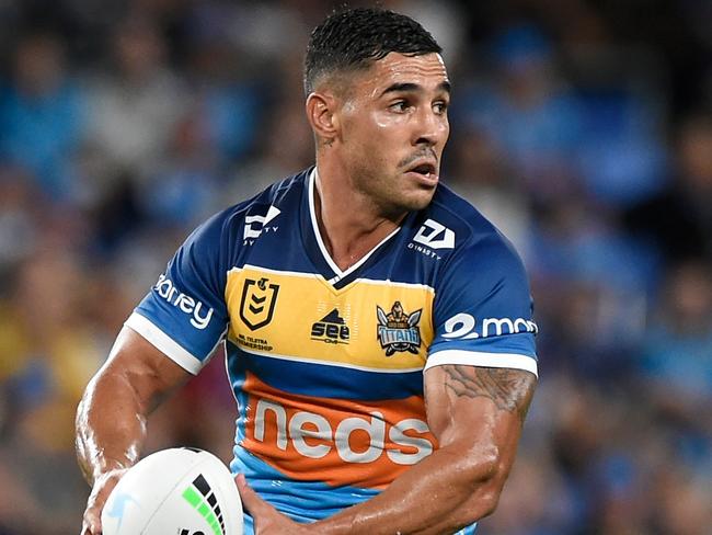 GOLD COAST, AUSTRALIA - MARCH 19: Jamal Fogarty of the Titans runs with the ball during the round two NRL match between the Gold Coast Titans and the Brisbane Broncos at Cbus Super Stadium on March 19, 2021, in Gold Coast, Australia. (Photo by Matt Roberts/Getty Images)