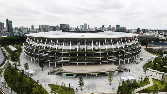 The newly-built Japan National Stadium sits empty as Tokyo battles with the coronavirus pandemic. Picture: AFP