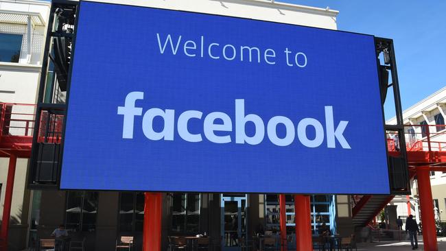 A giant digital sign at Facebook's corporate headquarters campus in Menlo Park, California. Picture: AFP