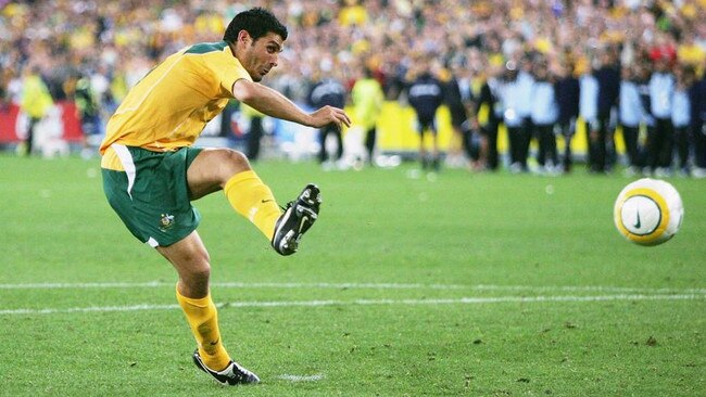 Socceroos striker John Aloisi fires home the winning penalty in the shootout against Uruguay in 2005 to seal Australia’s place at the 2006 World Cup. Picture: Getty Images