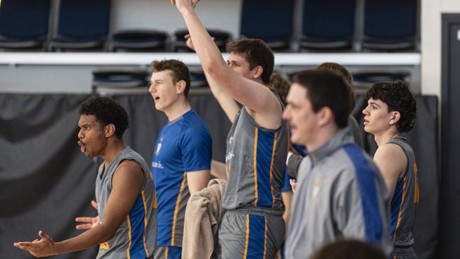 Churchie celebrate a point against Toowoomba Grammar School 1st V in Round 4 GPS basketball at Toowoomba Grammar School, Saturday, August 3, 2024. Picture: Kevin Farmer