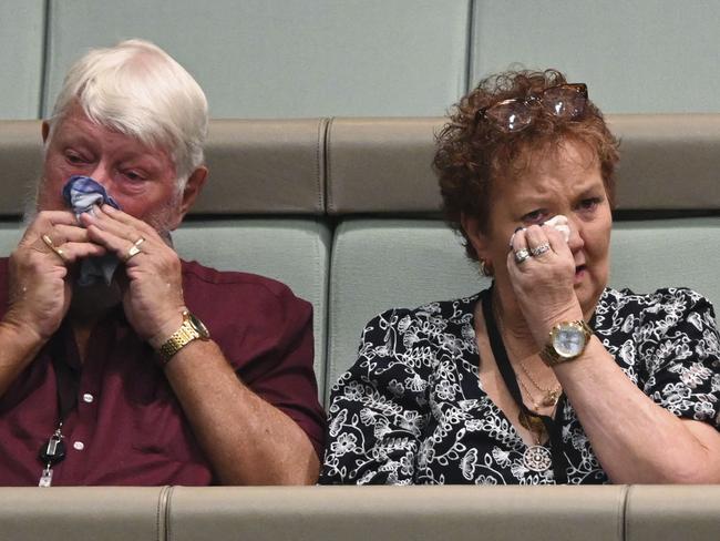 CANBERRA, AUSTRALIA, NewsWire Photos. NOVEMBER 29, 2023: Survivors and family members in the public gallery as the national apology to Thalidomide survivors is given in the House of Representatives at Parliament House in Canberra. Picture: NCA NewsWire / Martin Ollman