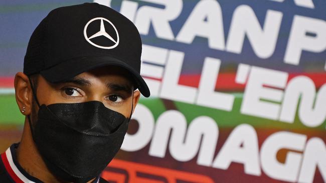 Mercedes' British driver Lewis Hamilton attends the press conference prior the first practice session at the Autodromo Internazionale Enzo e Dino Ferrari race track in Imola, Italy, on April 22, 2022, ahead of the Formula One Emilia Romagna Grand Prix. (Photo by ANDREJ ISAKOVIC / AFP)