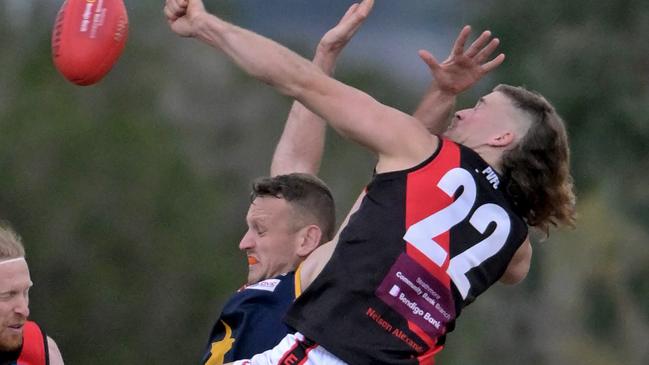 Essendon Doutta StarsÃ James Barnes and Pascoe ValeÃs Lachlan Stredwick during the EDFL Essendon Doutta Stars v Pascoe Vale football match in Essendon, Saturday, July 22, 2023. Picture: Andy Brownbill