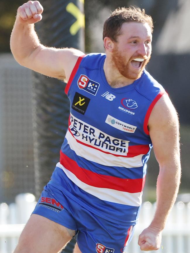 The joy is clear on Bulldogs captain Jarrod Schiller’s face after he kicked a goal against Port Adelaide on Saturday to help seal his side's first finals appearance since 2017. Picture: David Mariuz/SANFL.