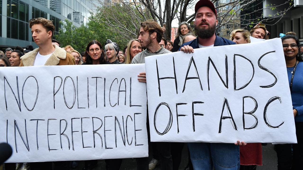 ABC staff hold a meeting outside their offices in Ultimo, Sydney.