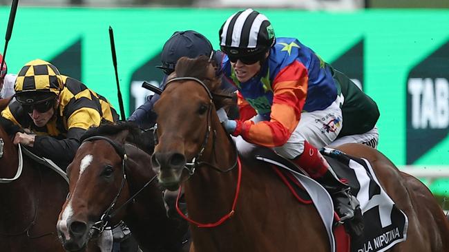 SYDNEY, AUSTRALIA - OCTOBER 19: Craig Williams riding Bella Nipotina wins Race 7 The TAB Everest during Sydney Racing - The Everest Day at Royal Randwick Racecourse on October 19, 2024 in Sydney, Australia. (Photo by Jeremy Ng/Getty Images)