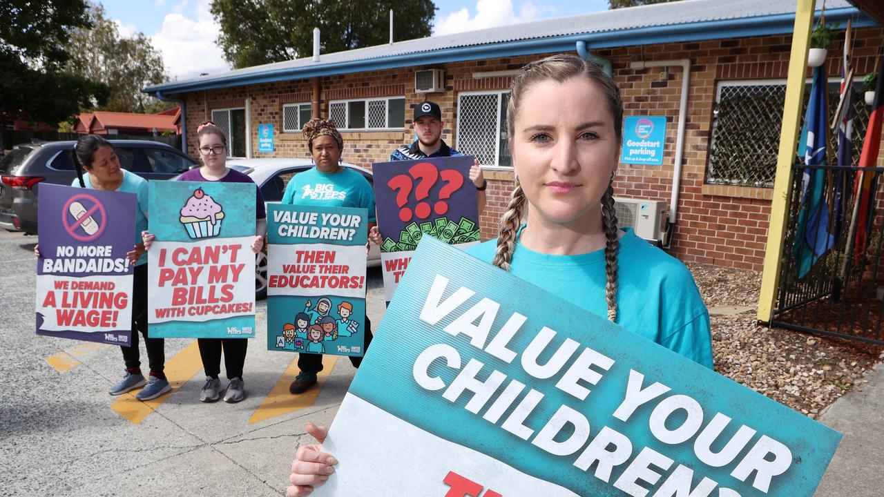 Goodstart Bellbird Park centre director Anne Pickels, 33, with staff fighting for better pay. Picture: Liam Kidston