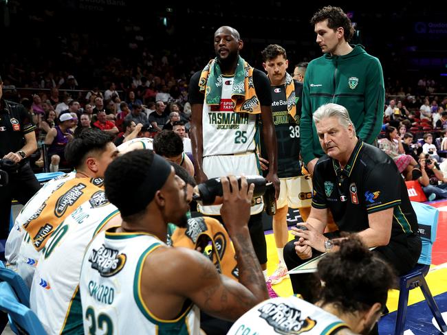 SYDNEY, AUSTRALIA - NOVEMBER 03: Jackjumpers coach, Scott Roth speaks to his players during the round seven NBL match between Sydney Kings and Tasmania Jackjumpers at Qudos Bank Arena, on November 03, 2024, in Sydney, Australia. (Photo by Brendon Thorne/Getty Images)