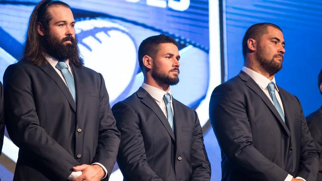 Aaron Woods, Nathan Peats and Andrew Fifita at the NSW Origin team announcement.