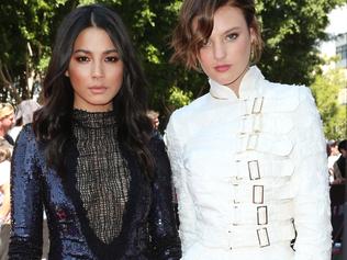 Jessica Gomes and Montana Cox pictured arriving on the red carpet at the 2015 ARIA Awards held at The Star in Pyrmont , Sydney. Picture: Richard Dobson