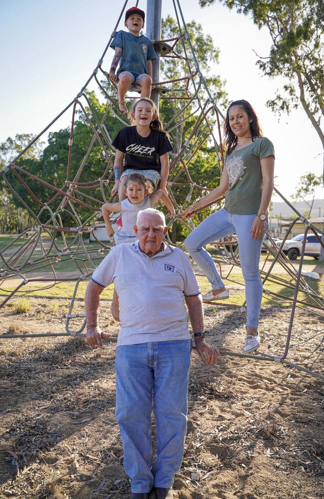 Pop Bill O'Connor with daughter Kathleen Stirling and grandchildren Levi Stirling, 7, Indian Stirling, 9, and Dakota Stirling, 5, all of Sarina, at the 50th anniversary celebrations of the Coppabella township. Picture: Heidi Petith