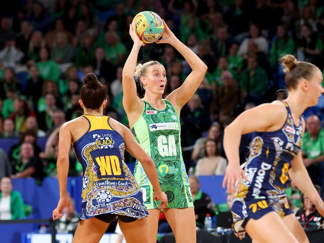 Sasha Glasgow while playing for the Fever. She will spend part of her time with the Mavericks on the sidelines following a sickening leg break in a practice game. Picture: James Worsfold/Getty Images.