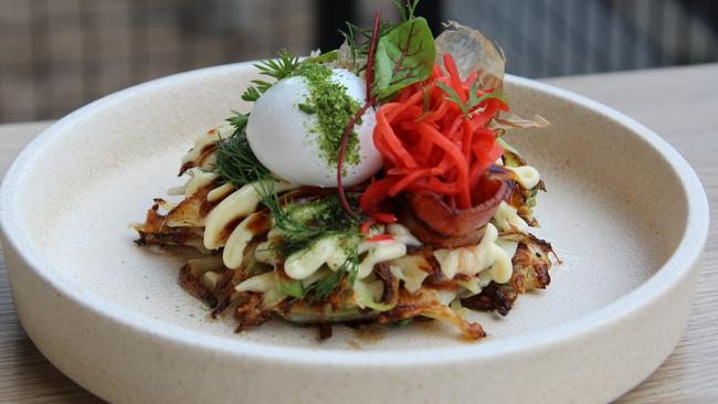 Hibiki’s ononomiyaki pancakes with bacon, made to the owner’s mother’s recipe. Picture: Hibiki 