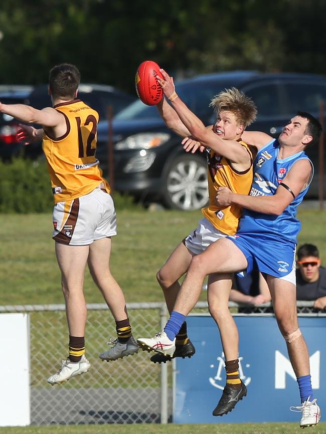 Preece takes a mark in front of Close in the BFL preliminary final. Picture: Alan Barber