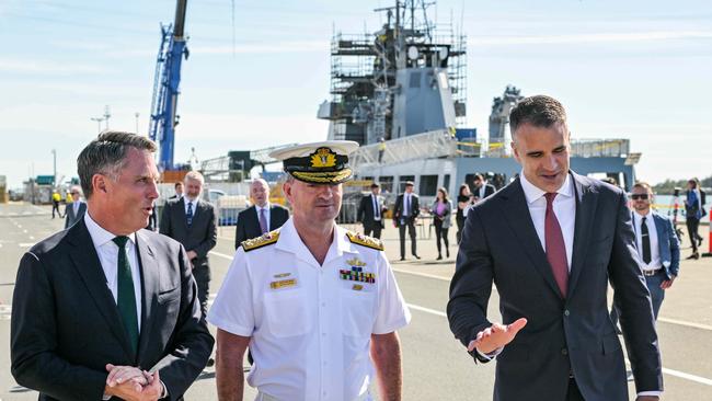 Defence Minister Richard Marles (left) with Vice Admiral Jonathan Mead, Chief of the Nuclear Powered Submarine Task Force, and Premier Peter Malinauskas at the Osborne Naval Shipyard in March. Picture: NCA NewsWire / Brenton Edwards