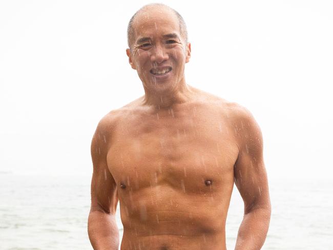 Dr Charlie Teo in March at the Sydney Skinny, an annual nude harbour swim to raise money for the Charlie Teo Foundation in support of brain cancer research. Picture: AAP