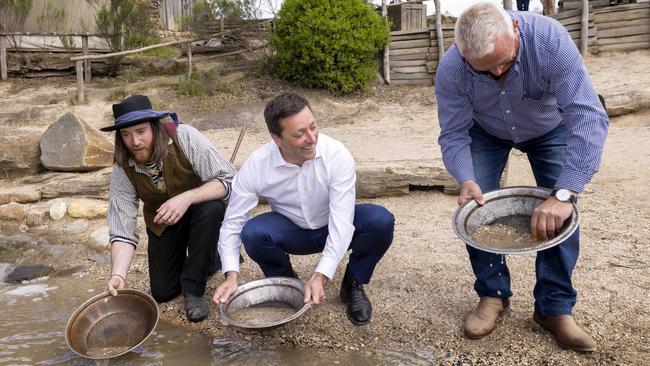 Opposition Leader Matthew Guy pans for electoral gold at Sovereign Hill in Ballarat. Picture: NCA NewsWire / Wayne Taylor