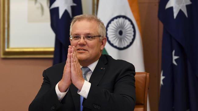 Australian Prime Minister Scott Morrison speaks to Indian Prime Minister Narendra Modi during the 2020 Virtual Leaders Summit between Australia and India.