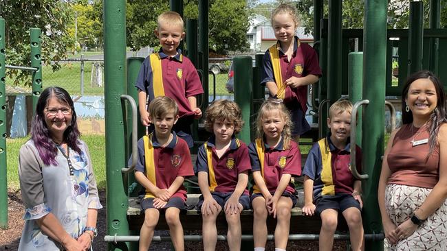 Goomeri State School P-10 - (Back from left): Marnus, Pip, (front from left) Aliviah, Charlie, Isabella, Blake, and teachers Mrs Knight (left) and Ms Talliesen. Gympie My First Year.