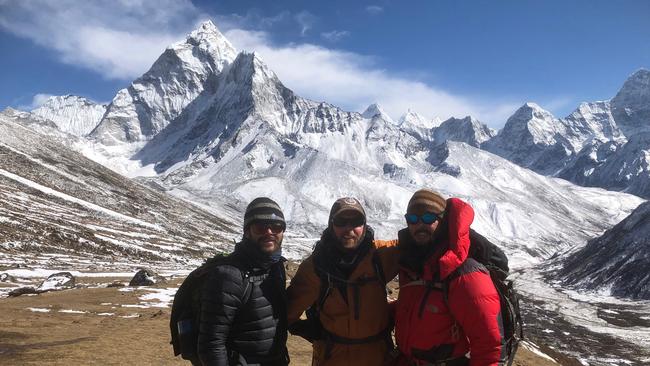 Australians Anthony Keane, Paul Ashenden and Brad Fleet are among a group of Aussies stranded in Nepal. Picture: supplied