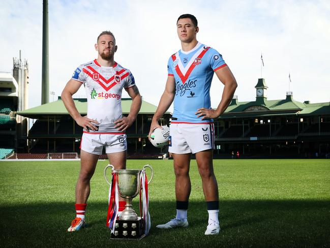 Pictured at The SCG in Sydney ahead of the NRL Anzac Round is Dragons player Matt Dufty and Roosters player Joseph Manu. Picture: Richard Dobson