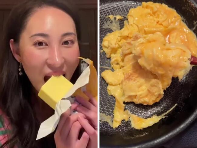 A woman who follows the 'high fat carnivore' diet plan has left people stunned after revealing a typical day of food. Picture: TikTok