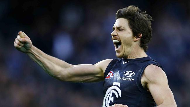 First Elimination Final. Richmond v Carlton at the MCG. Nick Duigan celebrates after kicking a goal putting the Blues 16 points in front late in the 4th quarter. Pic: MICHAEL KLEIN. MELBOURNE, AUSTRALIA. Sunday September 8, 2013.