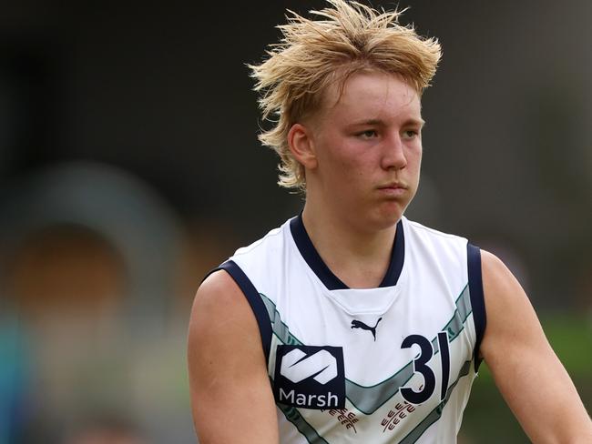 PERTH, AUSTRALIA - JUNE 29: Alixzander Tauru of VIC Country looks to pass the ball during the Marsh AFL National Championships match between U18 Boys Western Australia and Victoria Country at Revo Fitness Stadium on June 29, 2024 in Perth, Australia. (Photo by Will Russell/AFL Photos/via Getty Images)