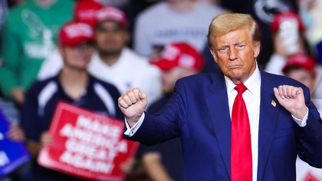 Donald Trump dances as he leaves the stage after a campaign rally in Pennsylvania. Picture: AFP