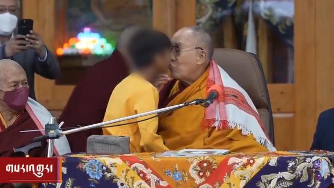 The Dalai Lama kissed the boy on the lips. Picture: Twitter