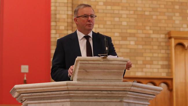 Labor leader Anthony Albanese in church. Picture: Kym Smith