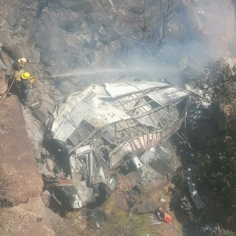 A bus plunged off a bridge into a ravine and caught fire on Thursday in South Africa, killing 45 of the 46 people on board, the transport ministry said. Picture: X