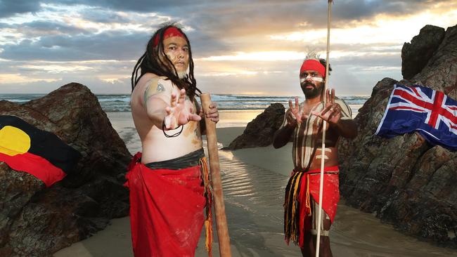 Aboriginal dancers Goompi Ugerabah and Jay Thompson. Picture Glenn Hampson