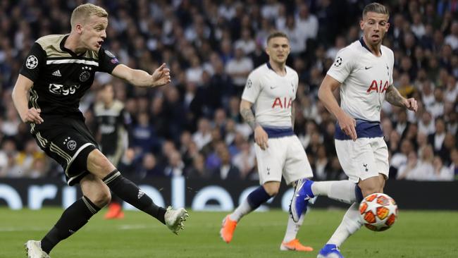 Donny van de Beek scores for Ajax against Tottenham in their Champions League semi-final first leg match at the Tottenham Hotspur stadium in London. Picture: AP