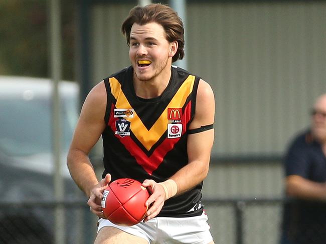 Ballarat FL footy: Melton South v Bacchus Marsh: Logan Blundell of Bacchus Marsh runs forwardSaturday, May 1, 2021, in Melton, Victoria, Australia. Picture: Hamish Blair