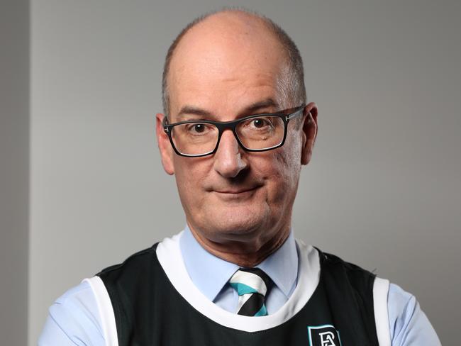 David Koch, Port Adelaide chairman, wearing the clubs black and white striped guernsey. The fight between Port Adelaide and Collingwood football clubs has heated up today with the fight over the wearing of the black and white guernsey referred to the AFL's legal department. Picture: Jonathan Ng