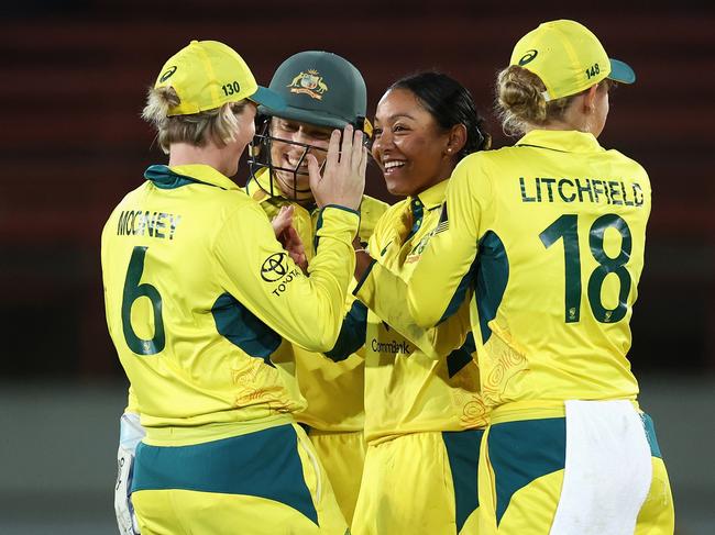 Alana King enjoys one of her four wickets. Picture: Cameron Spencer/Getty Images