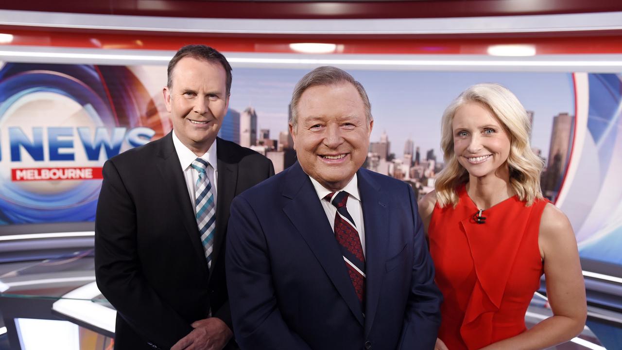 Tony Jones, Peter Hitchener and Livinia Nixon on set for National Nine News Melbourne at Channel Nine Studio Docklands. Picture: Channel 9