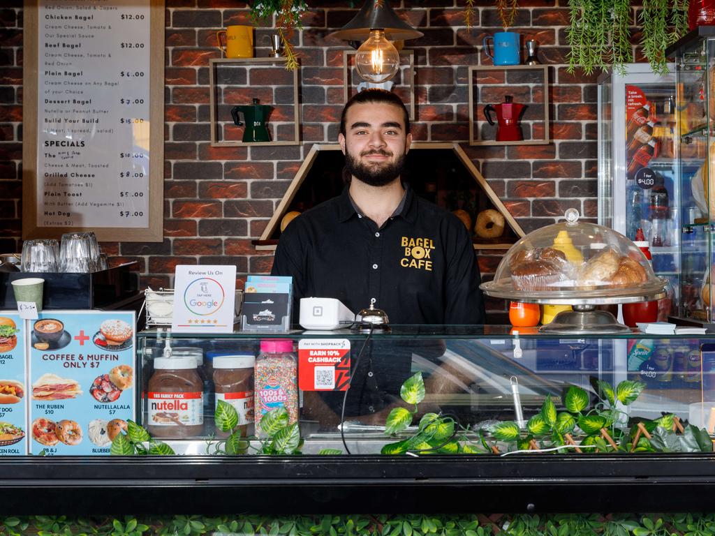 Ali Naboulsi from Bagel Box cafe in Parramatta, one of countless businesses that suffered losses due to the nationwide Optus outage. Picture: Max Mason-Hubers