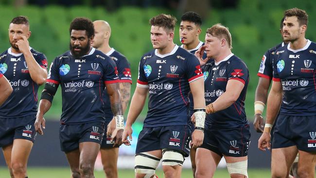 MELBOURNE, AUSTRALIA — APRIL 12: Rebels players \\during the round nine Super Rugby match between the Rebels and the Stormers at AAMi Park on April 12, 2019 in Melbourne, Australia. (Photo by Michael Dodge/Getty Images)