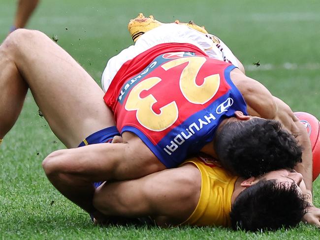 Cameron’s tackle left Duggan concussed. (Photo by Will Russell/AFL Photos via Getty Images)