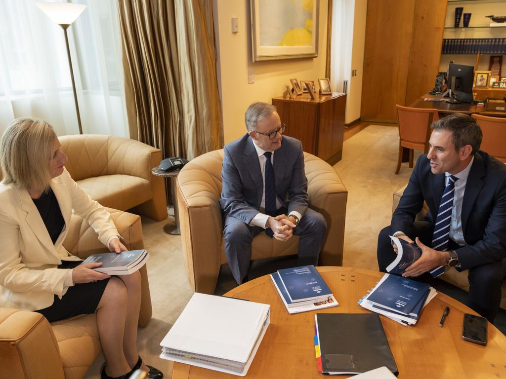 PM Anthony Albanese meets with Treasurer Jim Chalmers, right, and Finance Minister Katy Gallagher at Parliament House in Canberra. Picture: NCA NewsWire / Martin Ollman