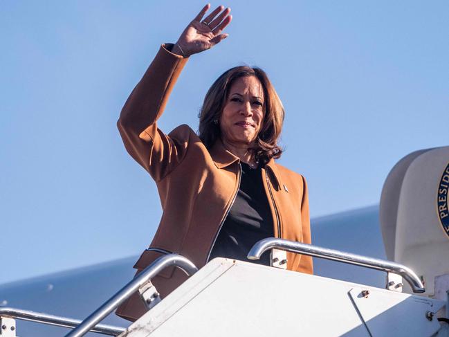 US Vice President and Democratic presidential candidate Kamala Harris boards Air Force Two, enroute to campaign events in Michigan. Picture: AFP